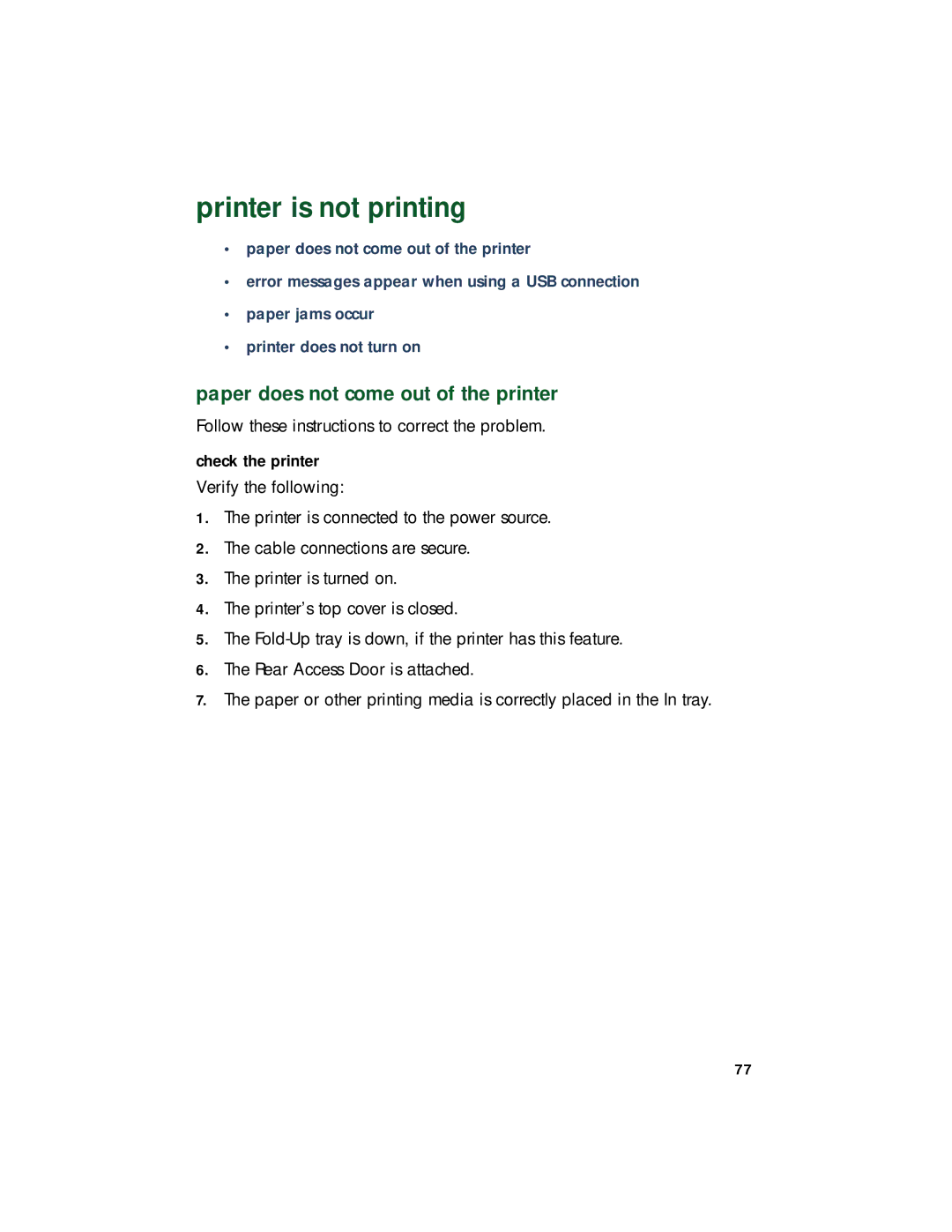 HP 948c, 920c, 940c manual Printer is not printing, Paper does not come out of the printer 