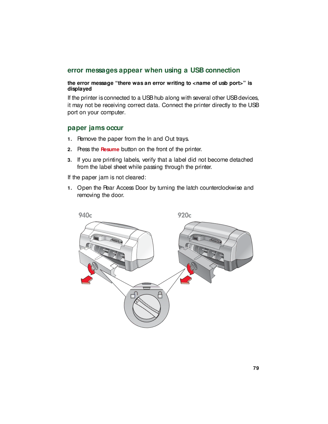 HP 920c, 948c, 940c manual Error messages appear when using a USB connection, Paper jams occur 