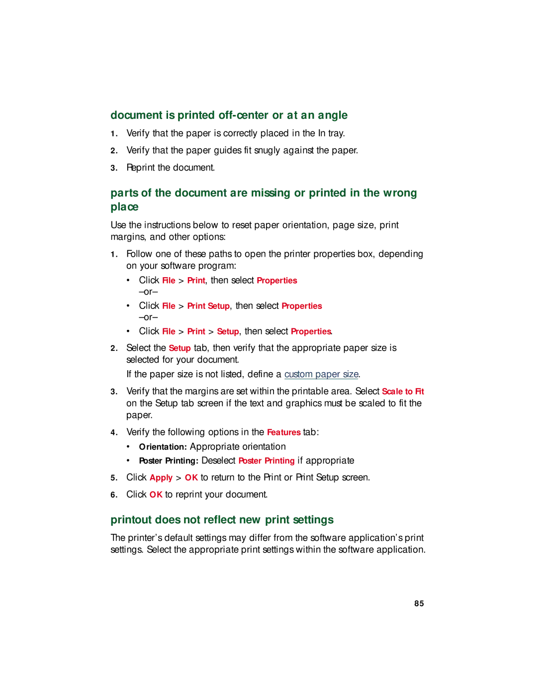 HP 920c, 948c, 940c manual Document is printed off-center or at an angle, Printout does not reflect new print settings 