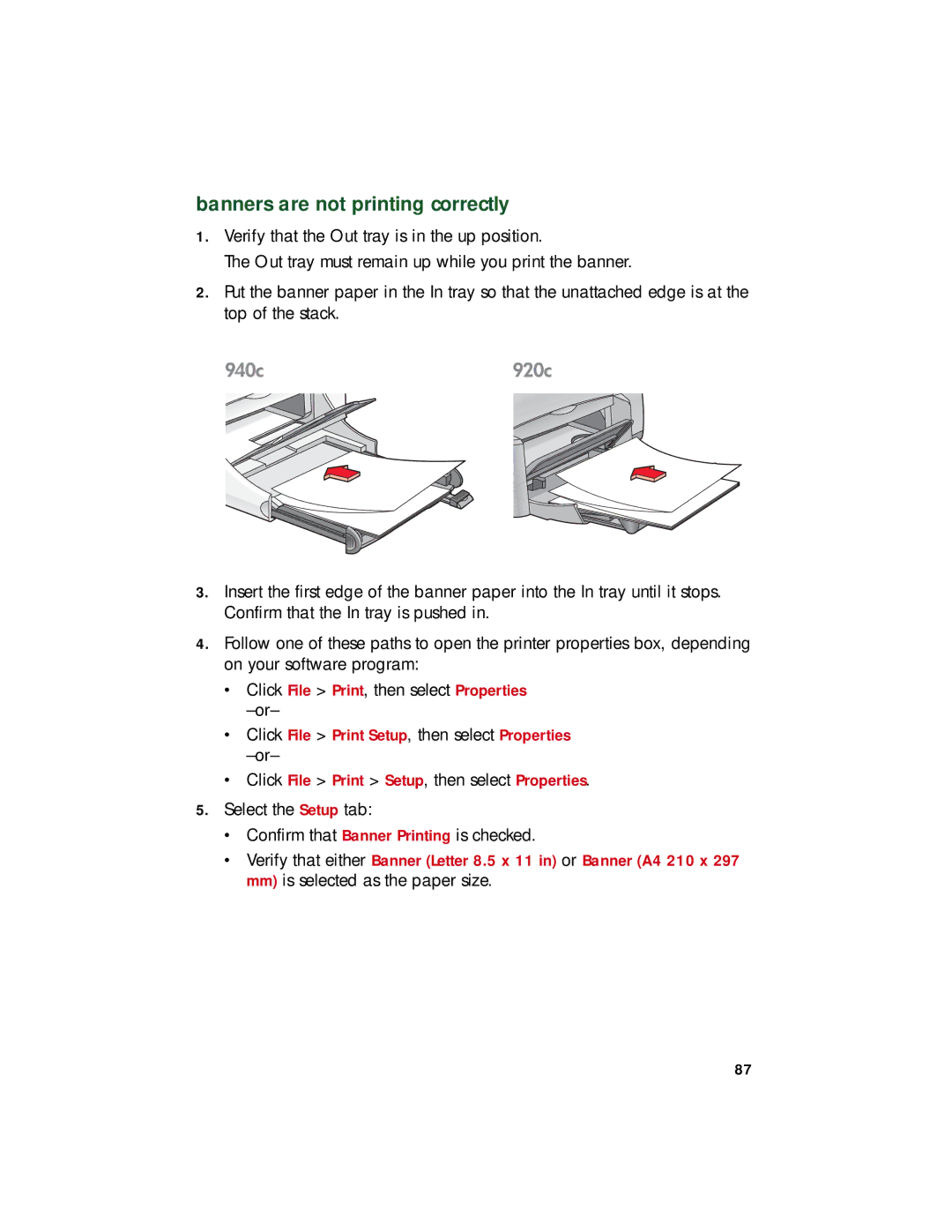 HP 940c, 920c, 948c manual Banners are not printing correctly 