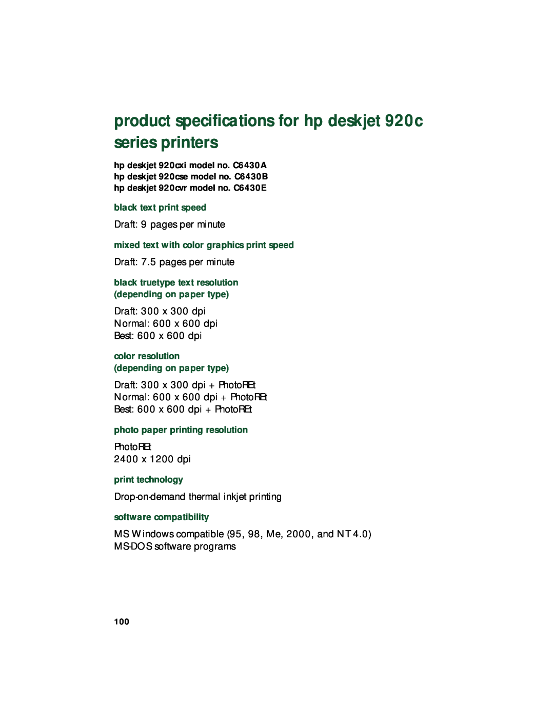 HP product specifications for hp deskjet 920c series printers, black text print speed, photo paper printing resolution 