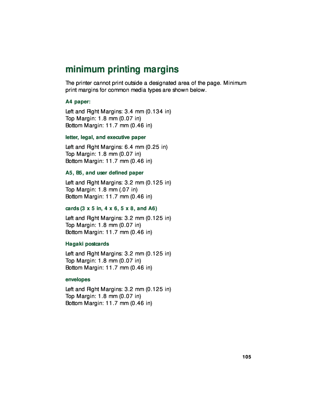 HP 940c minimum printing margins, A4 paper, letter, legal, and executive paper, A5, B5, and user defined paper, envelopes 