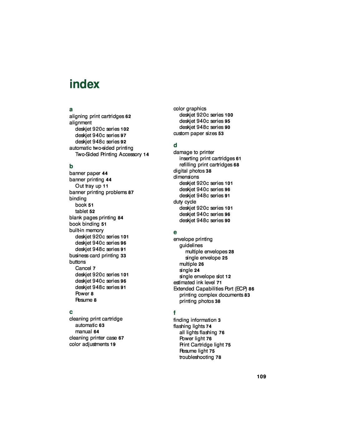 HP 920c, 948c, 940c manual index 