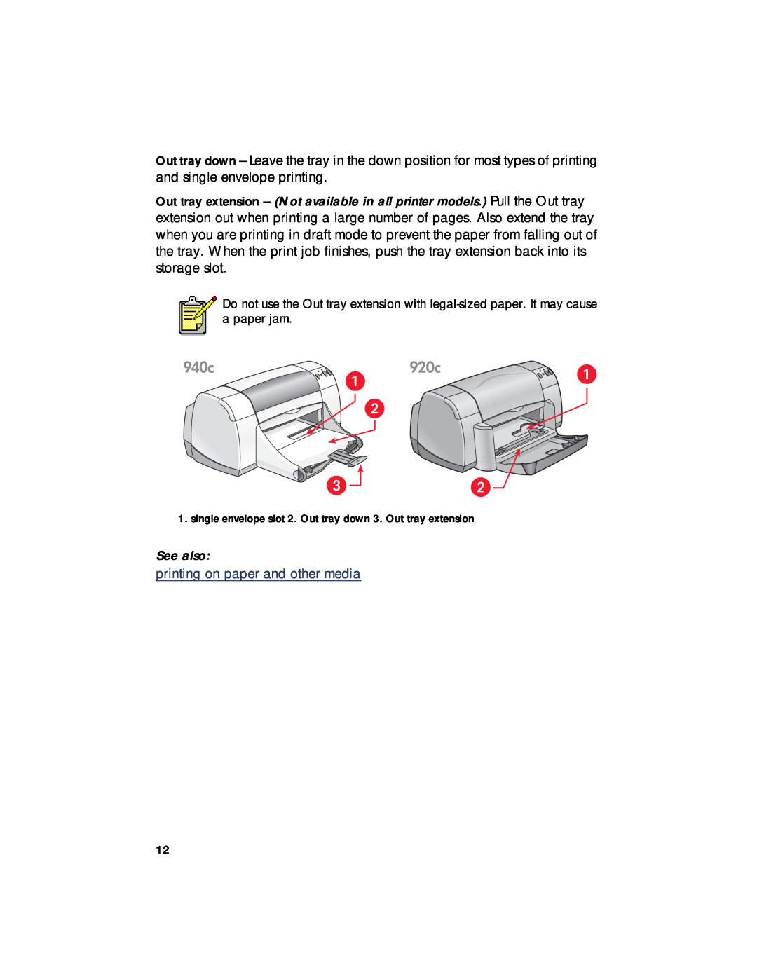 HP 940c, 920c, 948c manual printing on paper and other media, single envelope slot 2. Out tray down 3. Out tray extension 