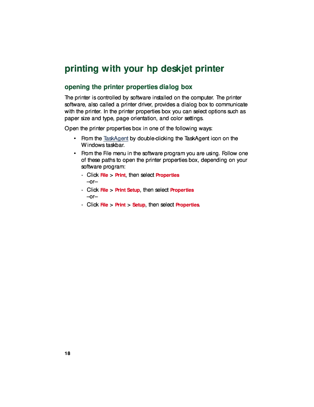 HP 940c, 920c, 948c manual printing with your hp deskjet printer, opening the printer properties dialog box 