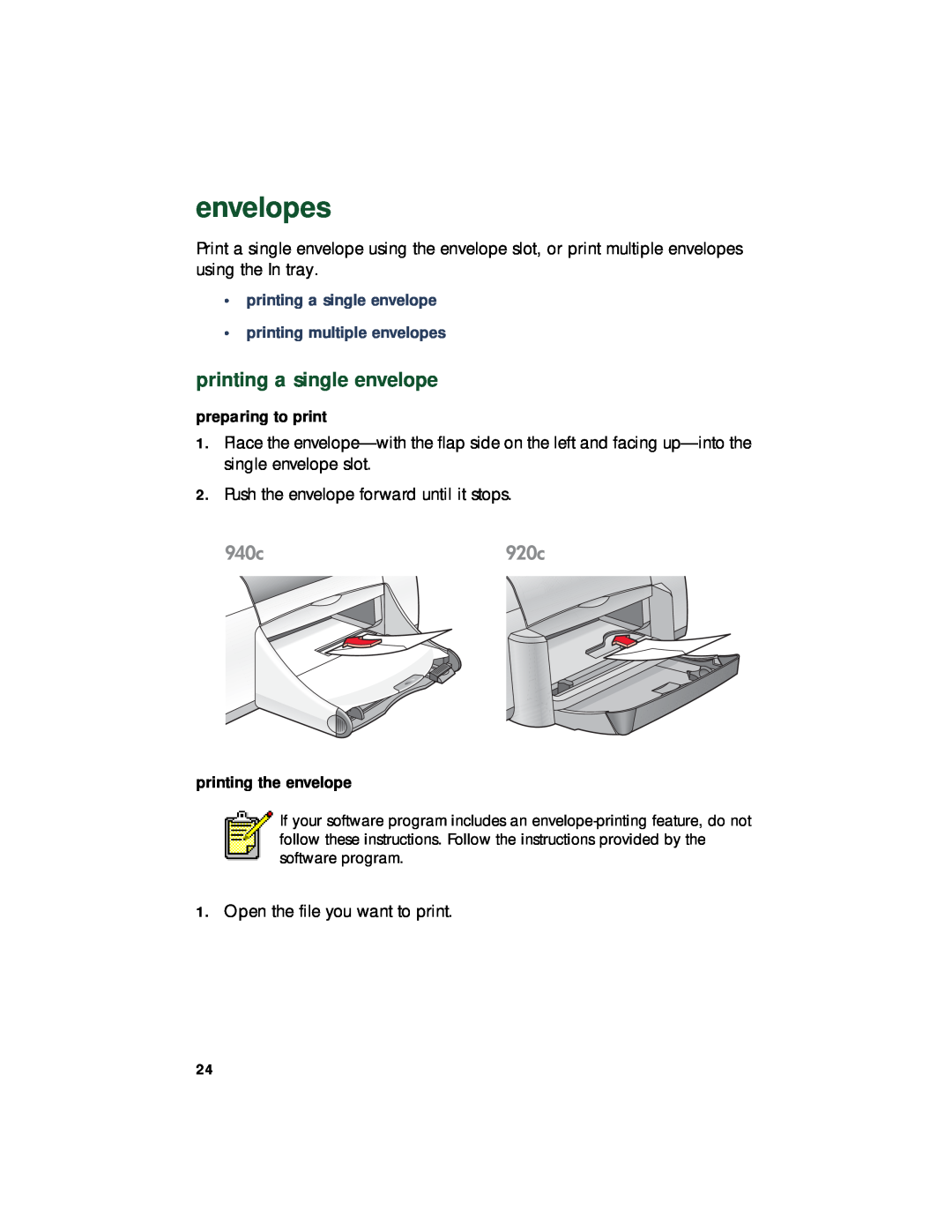 HP 940c, 920c, 948c manual printing a single envelope printing multiple envelopes 