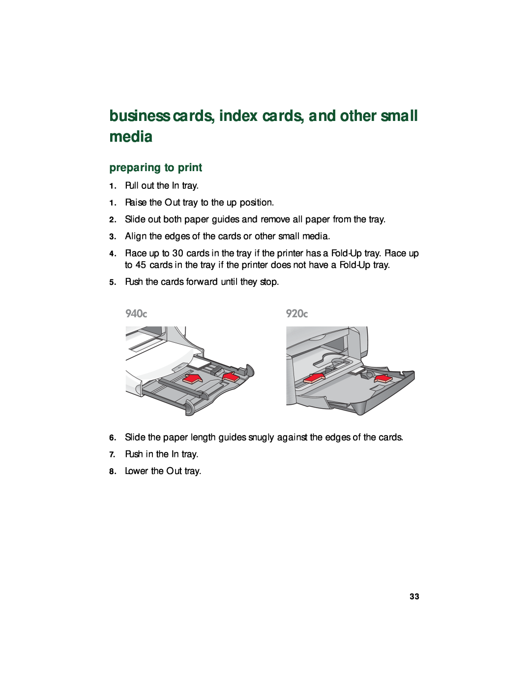 HP 940c, 920c, 948c manual business cards, index cards, and other small media, preparing to print 