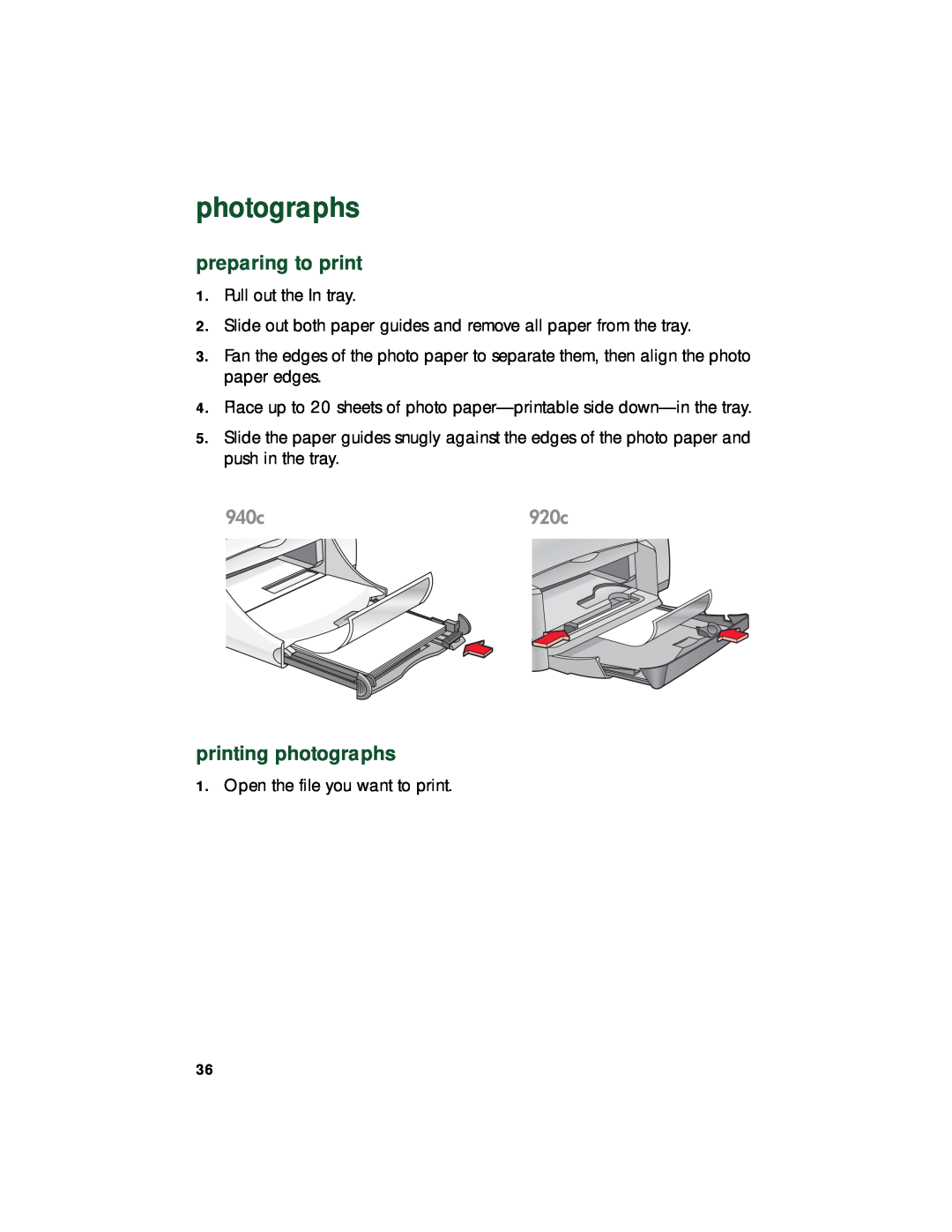 HP 940c, 920c, 948c manual printing photographs, preparing to print 