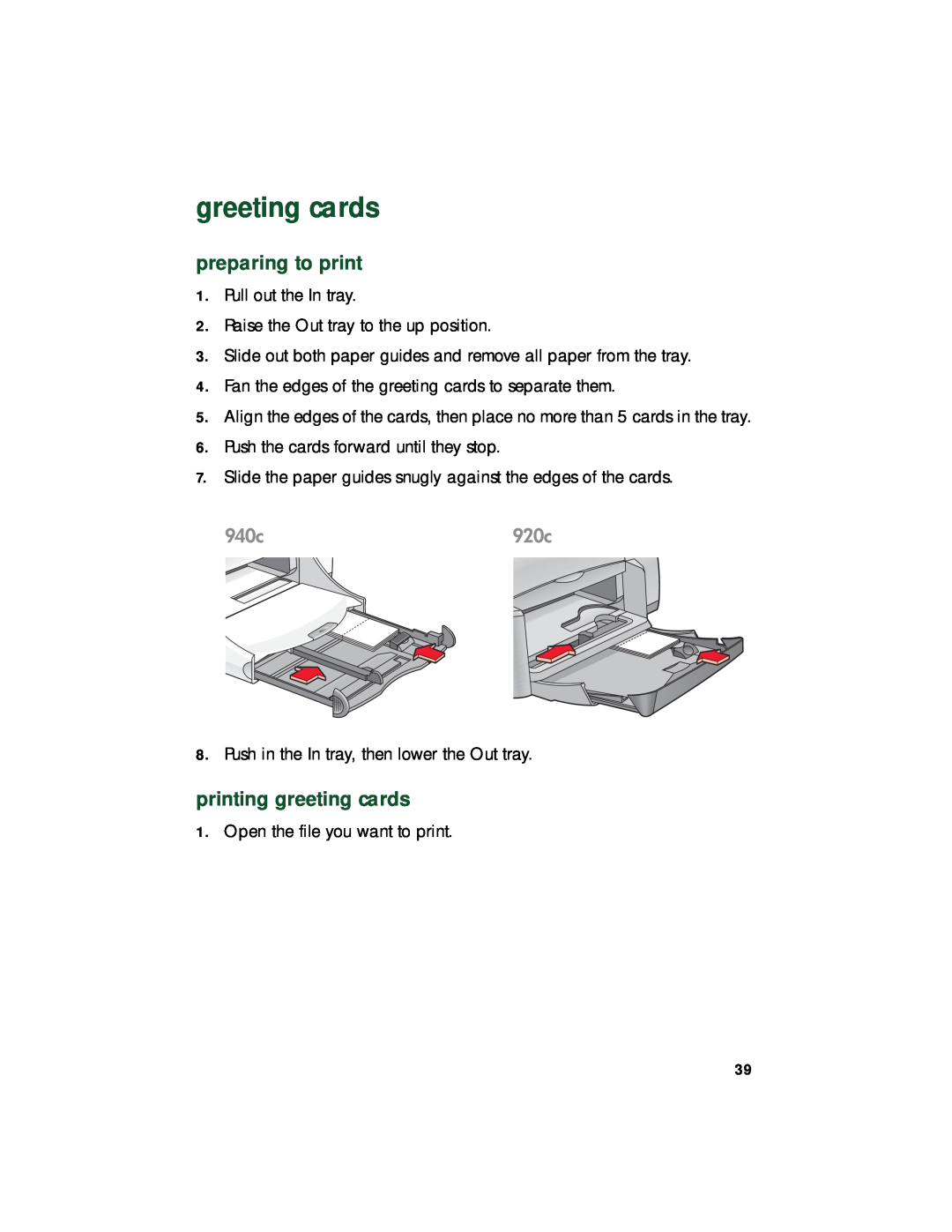 HP 940c, 920c, 948c manual printing greeting cards, preparing to print 