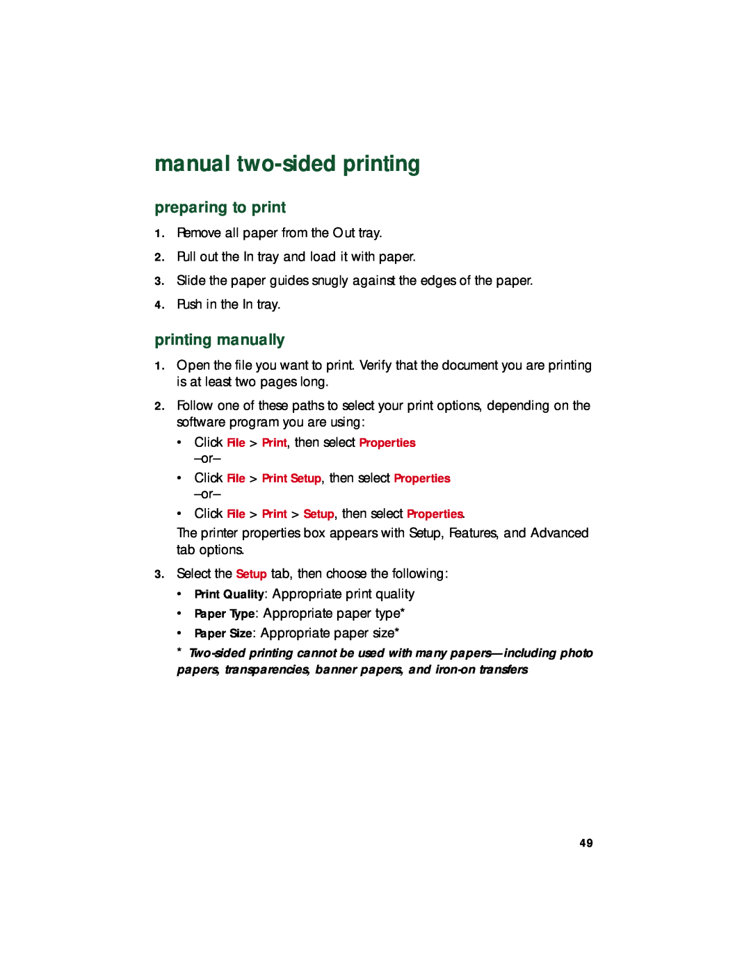 HP 920c, 948c, 940c manual two-sided printing, printing manually, preparing to print 