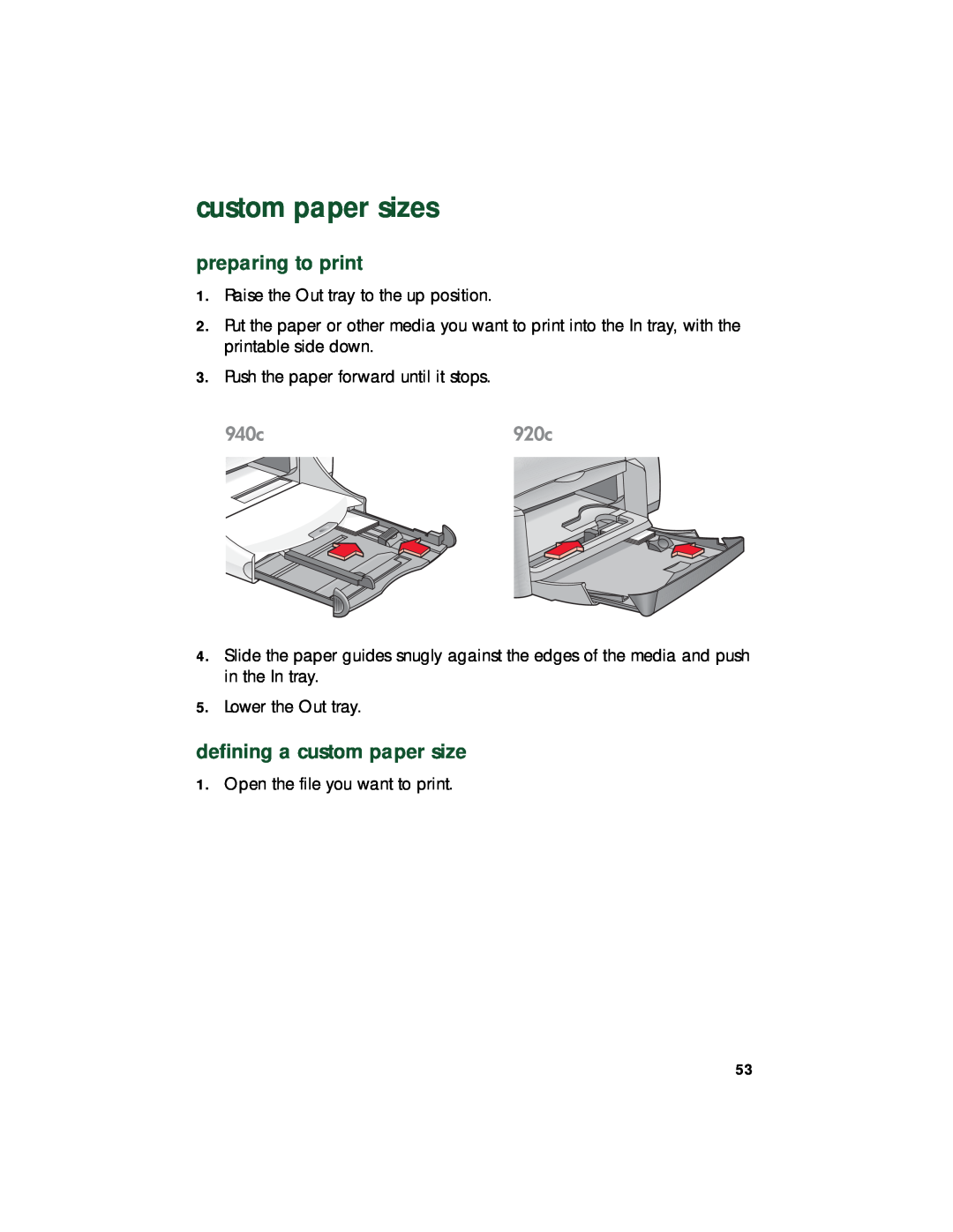HP 948c, 920c, 940c manual custom paper sizes, defining a custom paper size, preparing to print 