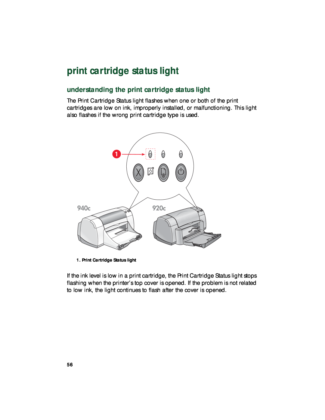 HP 948c, 920c, 940c manual understanding the print cartridge status light 
