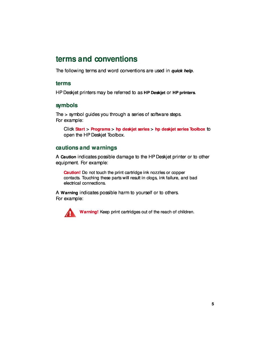 HP 948c, 920c, 940c manual terms and conventions, symbols, cautions and warnings 