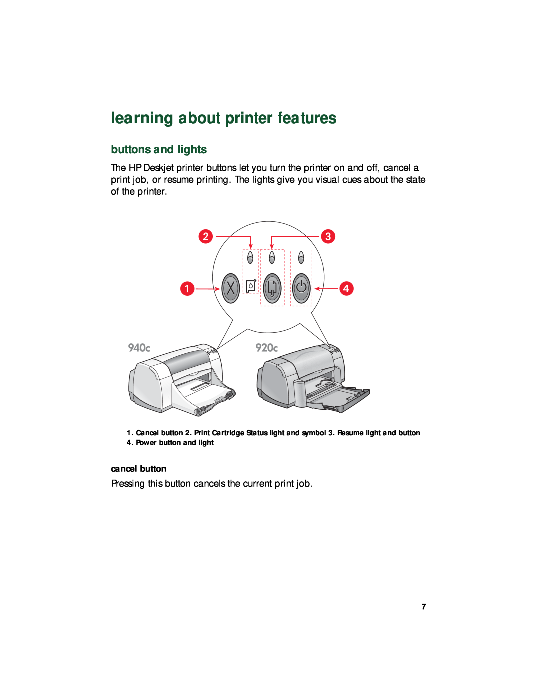 HP 920c, 948c, 940c manual learning about printer features, buttons and lights 