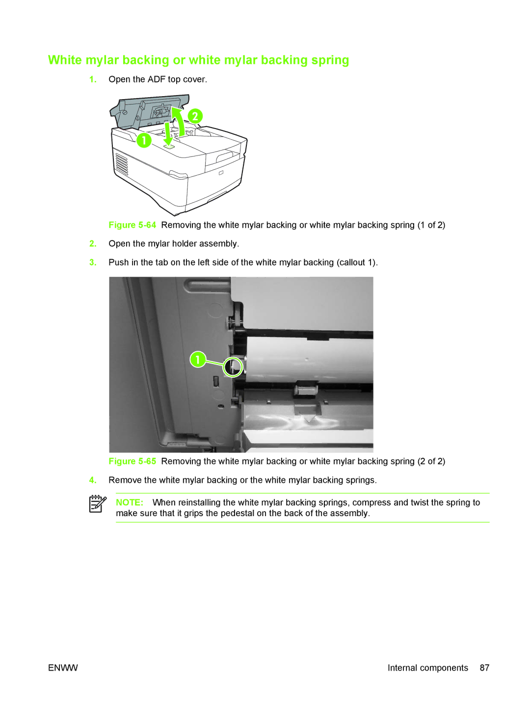 HP 9250C manual White mylar backing or white mylar backing spring 