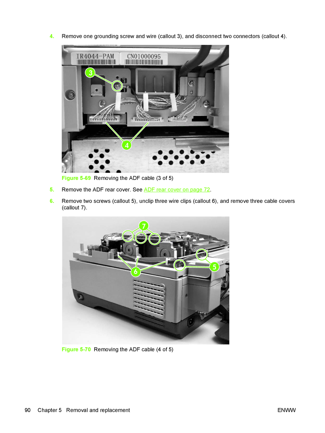 HP 9250C manual 70Removing the ADF cable 4 Removal and replacement 