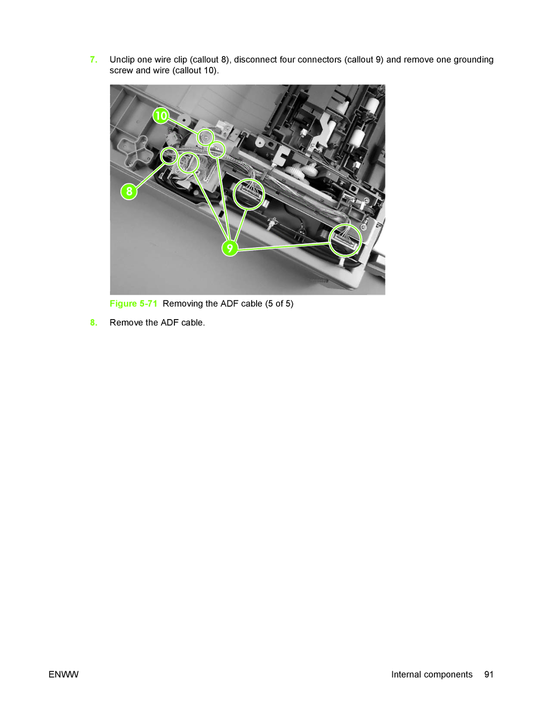 HP 9250C manual 71Removing the ADF cable 5 Remove the ADF cable 