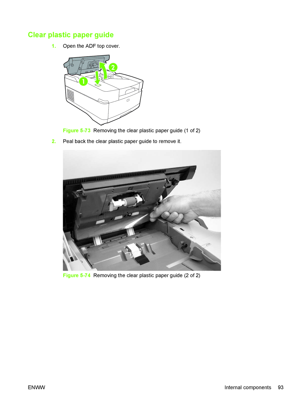 HP 9250C manual Clear plastic paper guide, 74Removing the clear plastic paper guide 2 