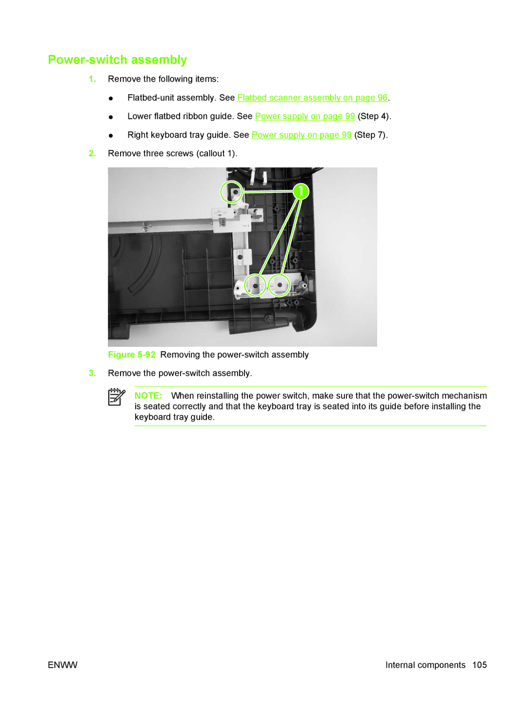 HP 9250C manual Power-switch assembly, Flatbed-unit assembly. See Flatbed scanner assembly on 