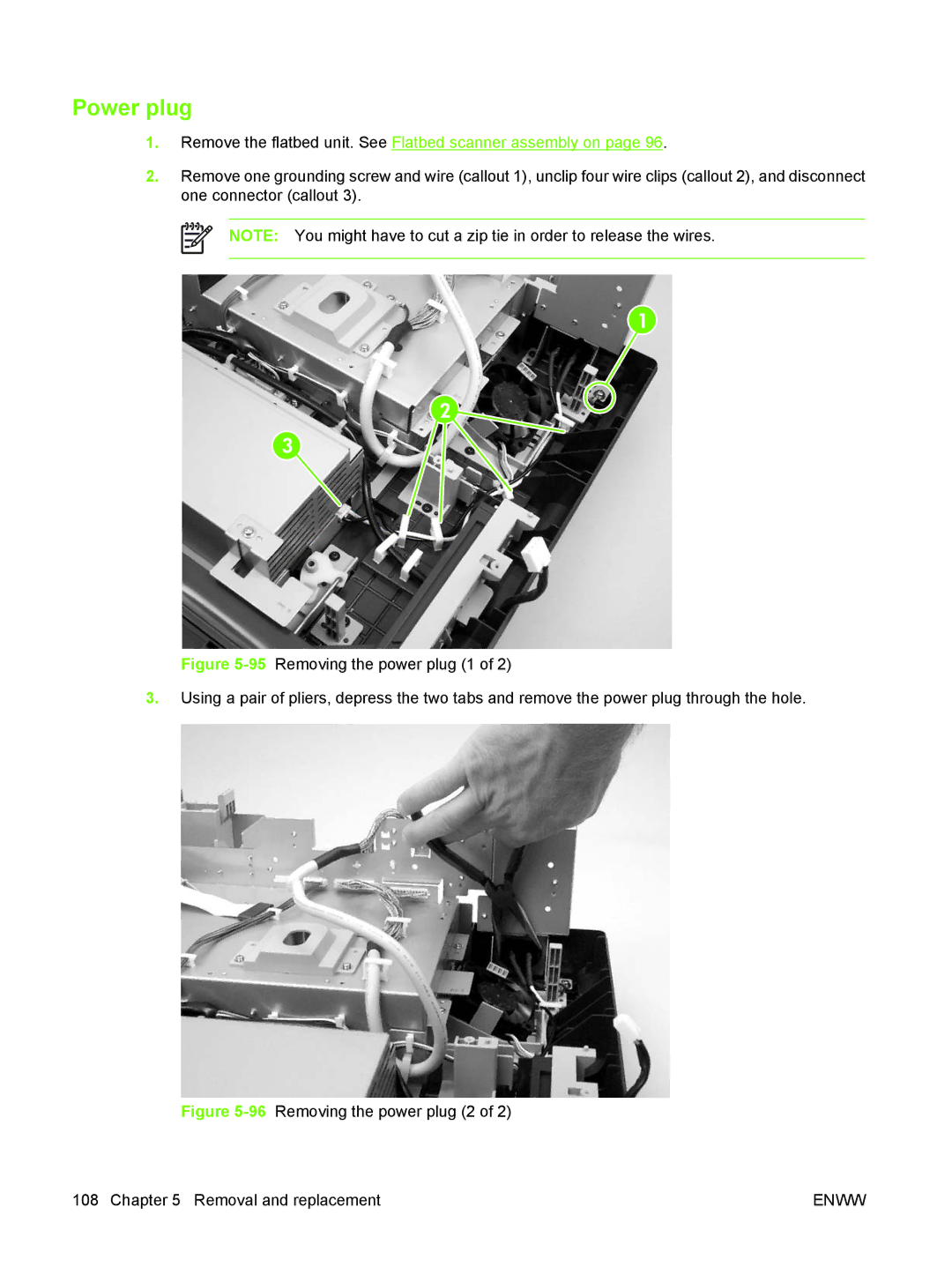 HP 9250C manual Power plug, Remove the flatbed unit. See Flatbed scanner assembly on 