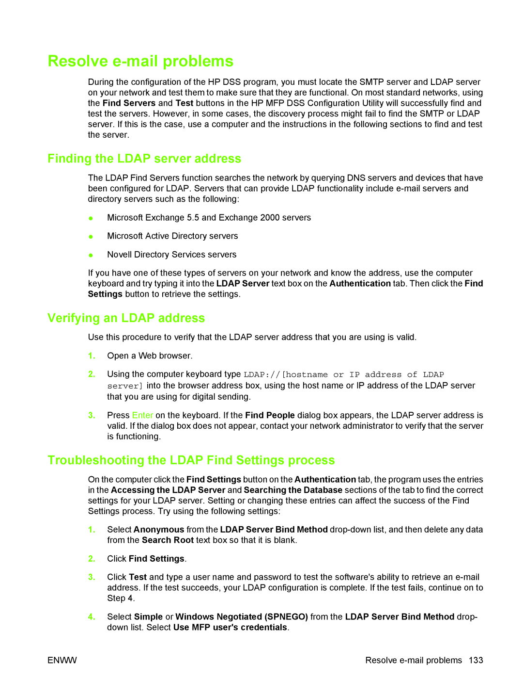 HP 9250C manual Resolve e-mail problems, Finding the Ldap server address, Verifying an Ldap address 