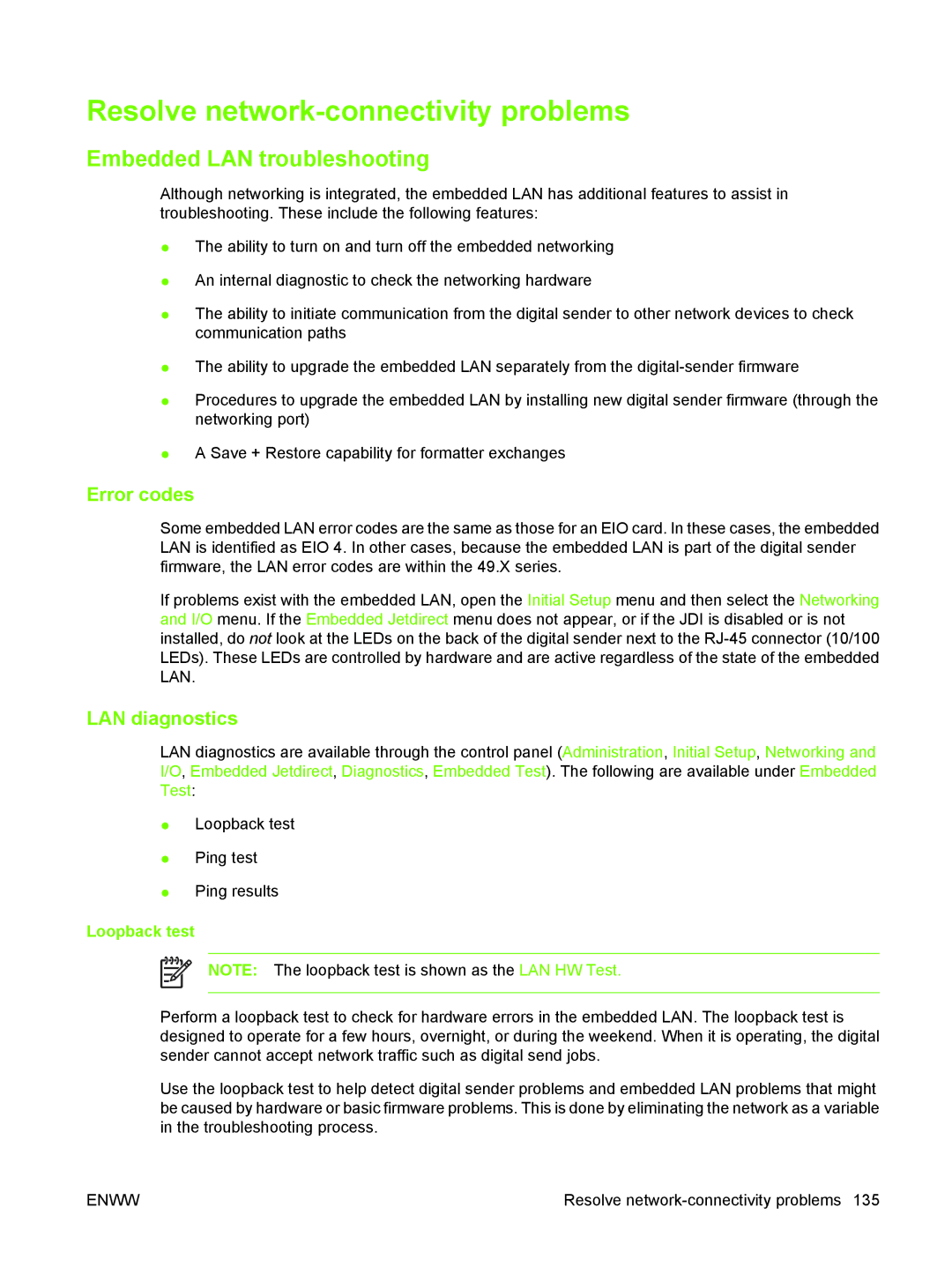 HP 9250C manual Resolve network-connectivity problems, Embedded LAN troubleshooting, Error codes, LAN diagnostics 