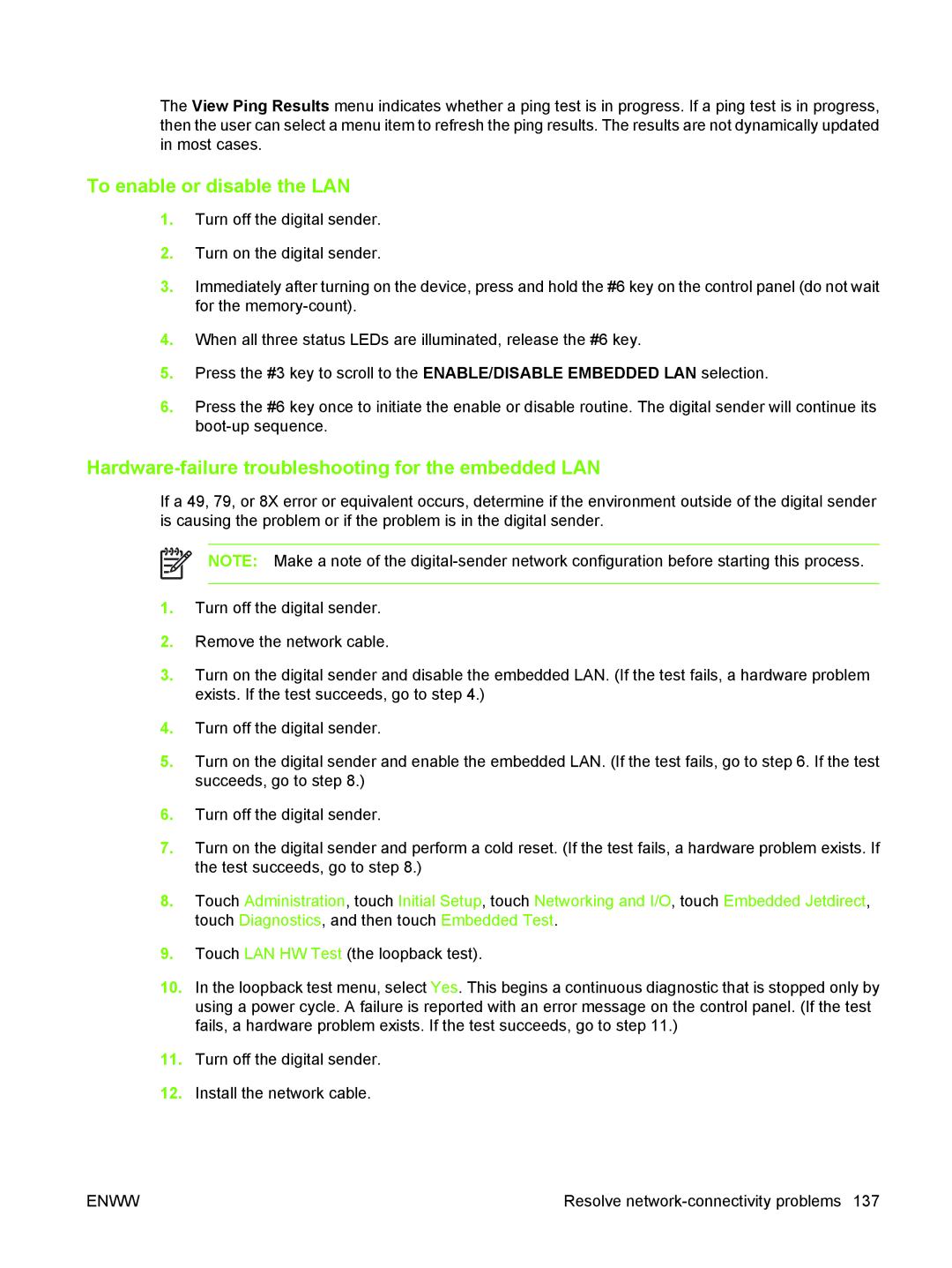 HP 9250C manual To enable or disable the LAN, Hardware-failure troubleshooting for the embedded LAN 