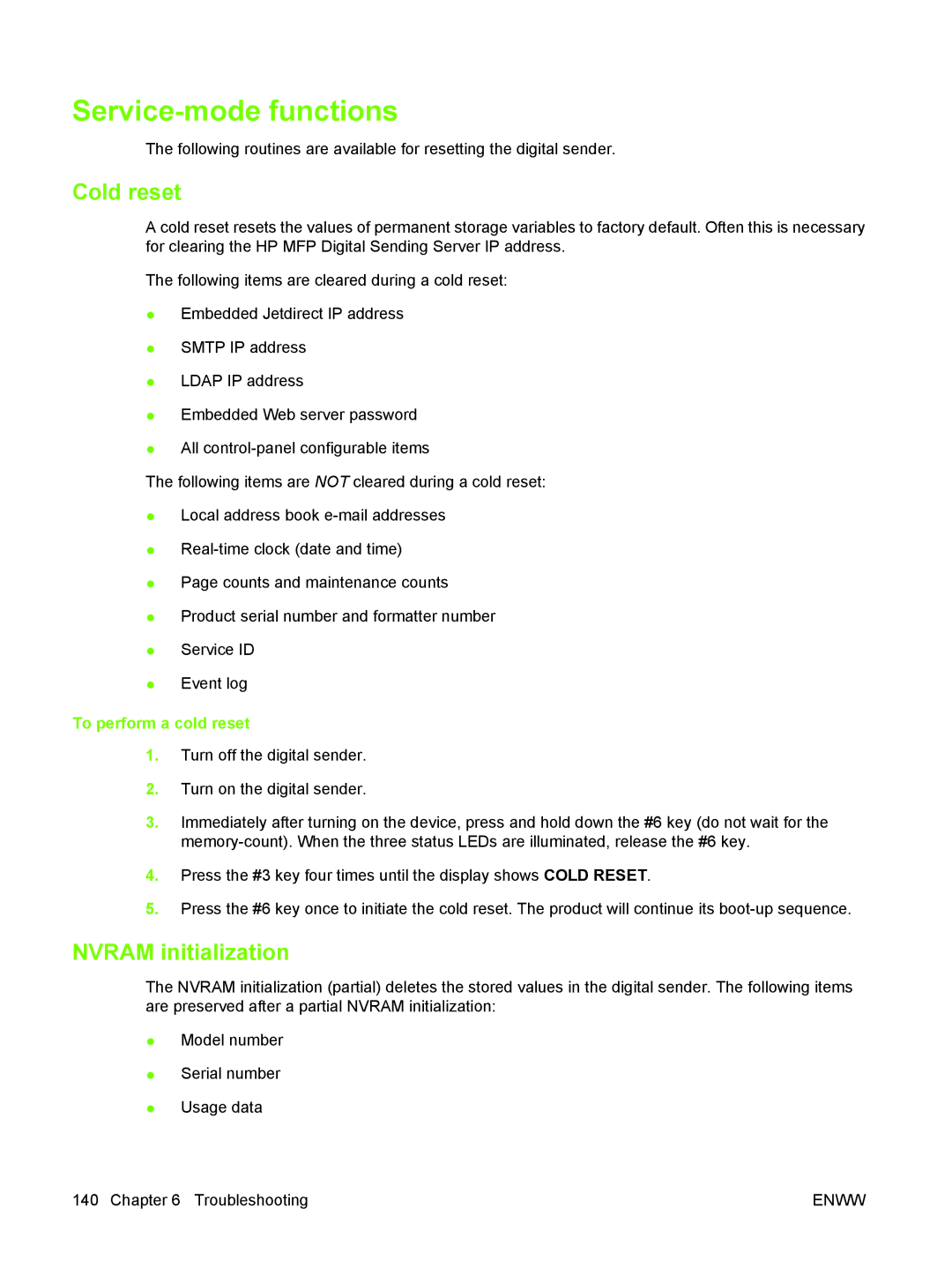 HP 9250C manual Service-mode functions, Cold reset, Nvram initialization 