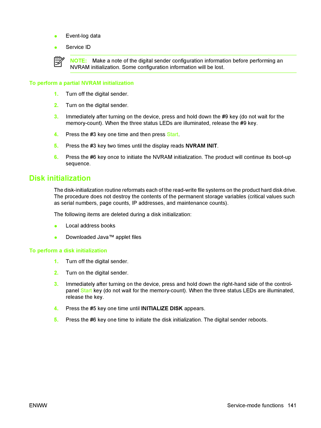 HP 9250C manual Disk initialization, To perform a partial Nvram initialization 