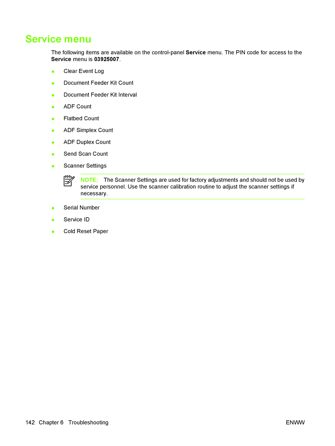 HP 9250C manual Service menu 