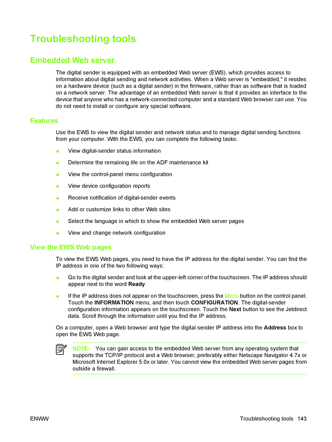 HP 9250C manual Troubleshooting tools, Embedded Web server, Features, View the EWS Web pages 