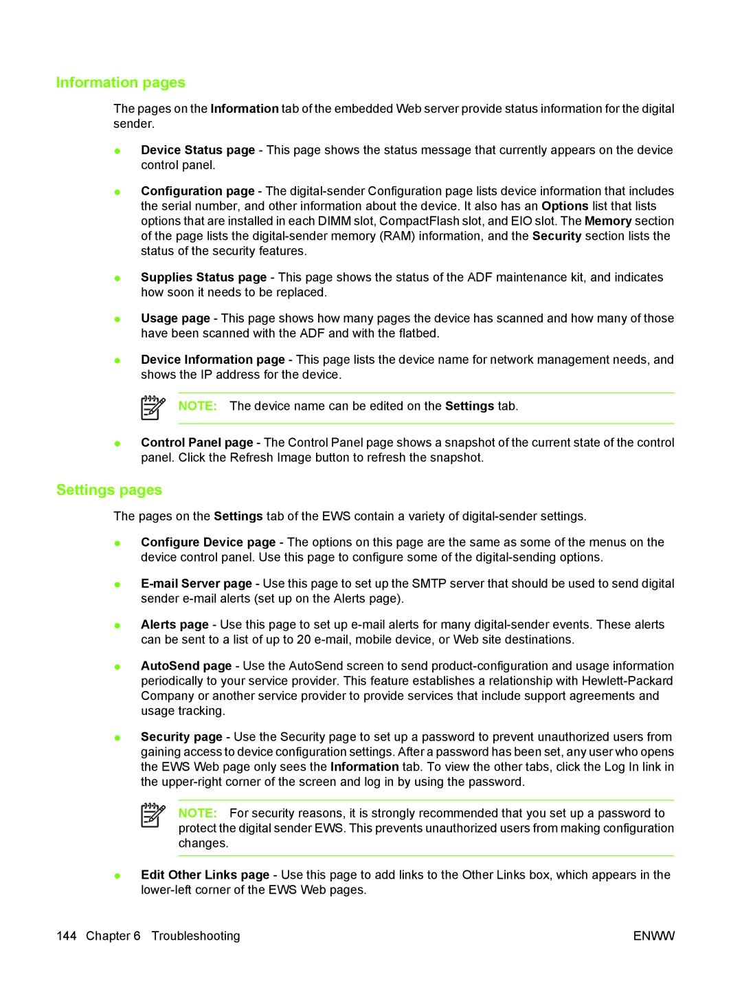 HP 9250C manual Information pages, Settings pages 