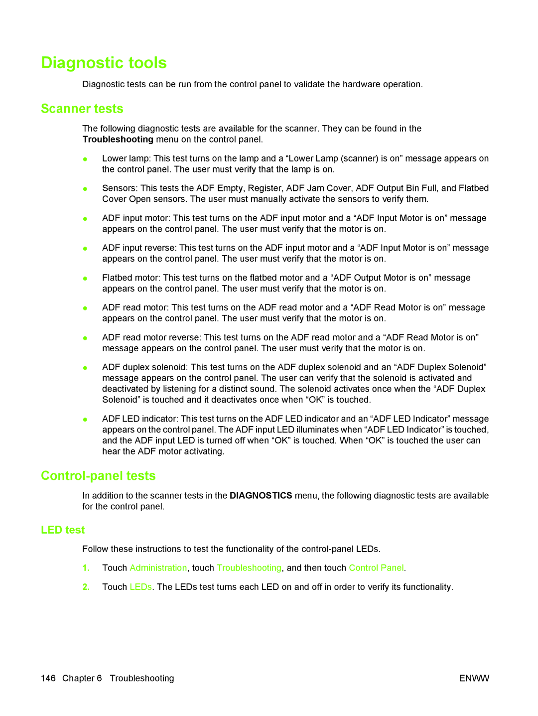 HP 9250C manual Diagnostic tools, Scanner tests, Control-panel tests, LED test 
