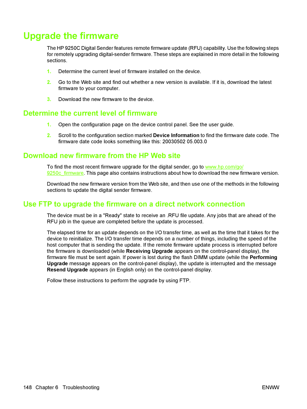 HP 9250C manual Upgrade the firmware, Determine the current level of firmware, Download new firmware from the HP Web site 