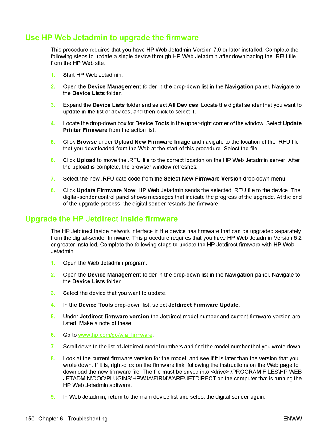 HP 9250C manual Use HP Web Jetadmin to upgrade the firmware, Upgrade the HP Jetdirect Inside firmware 