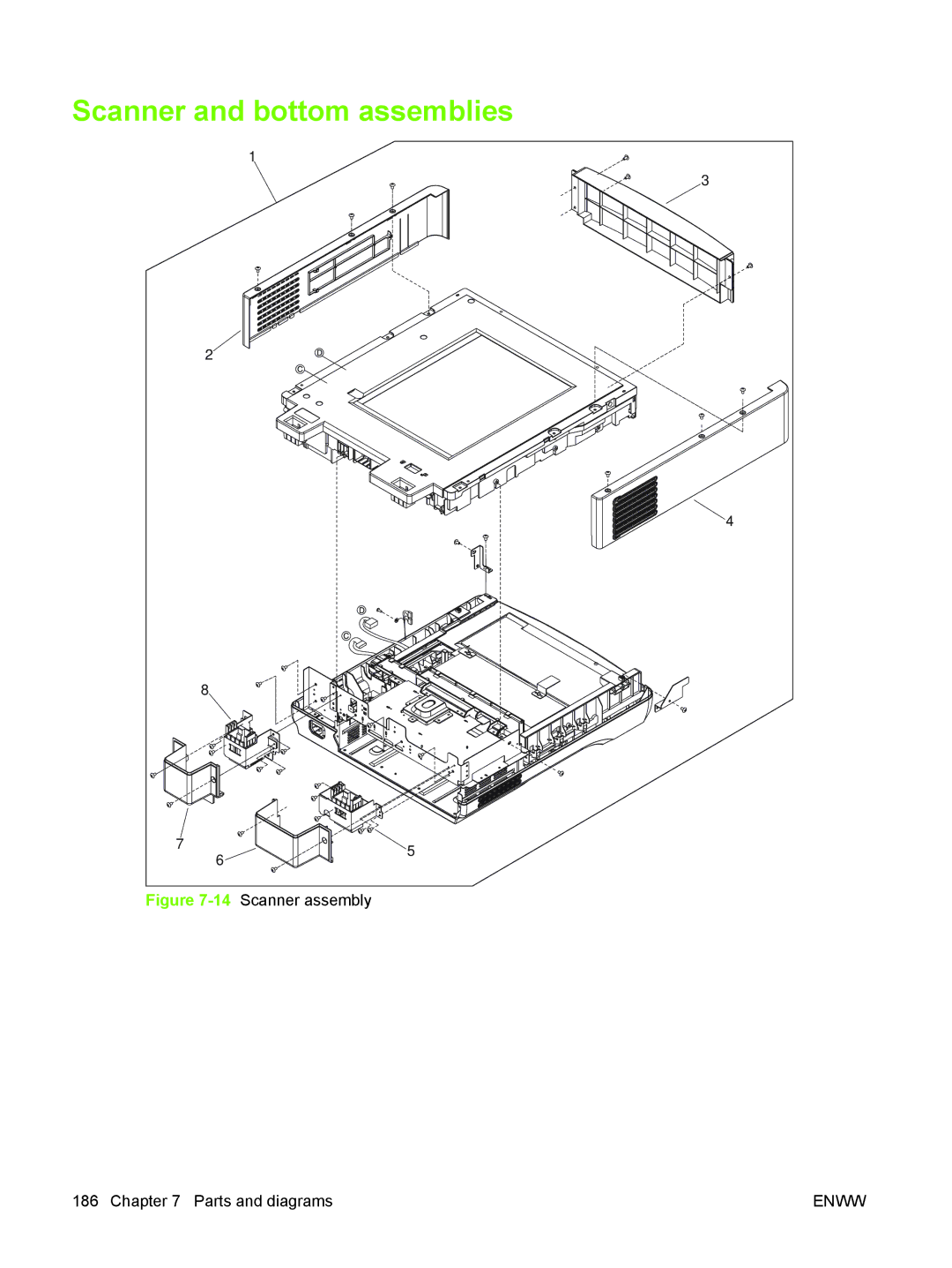 HP 9250C manual Scanner and bottom assemblies, 14Scanner assembly Parts and diagrams 