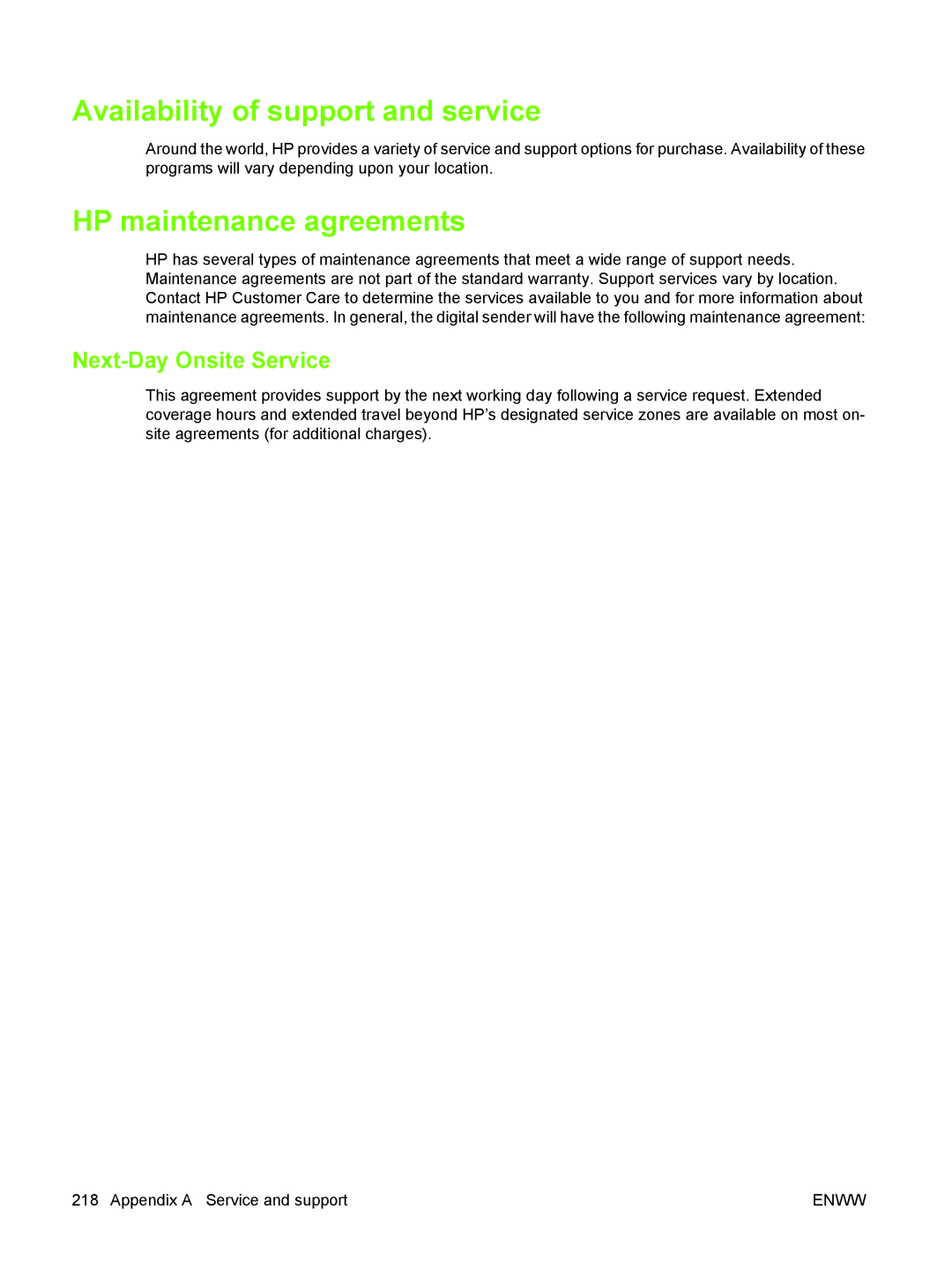 HP 9250C manual Availability of support and service, HP maintenance agreements, Next-Day Onsite Service 