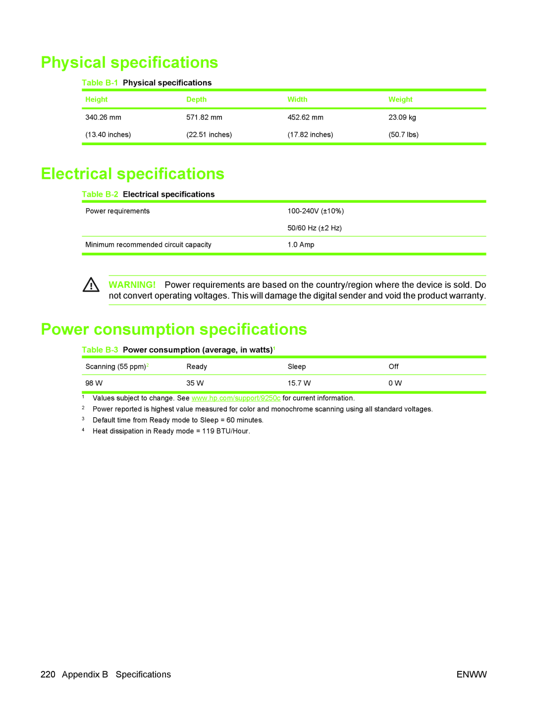 HP 9250C manual Physical specifications, Electrical specifications, Power consumption specifications 