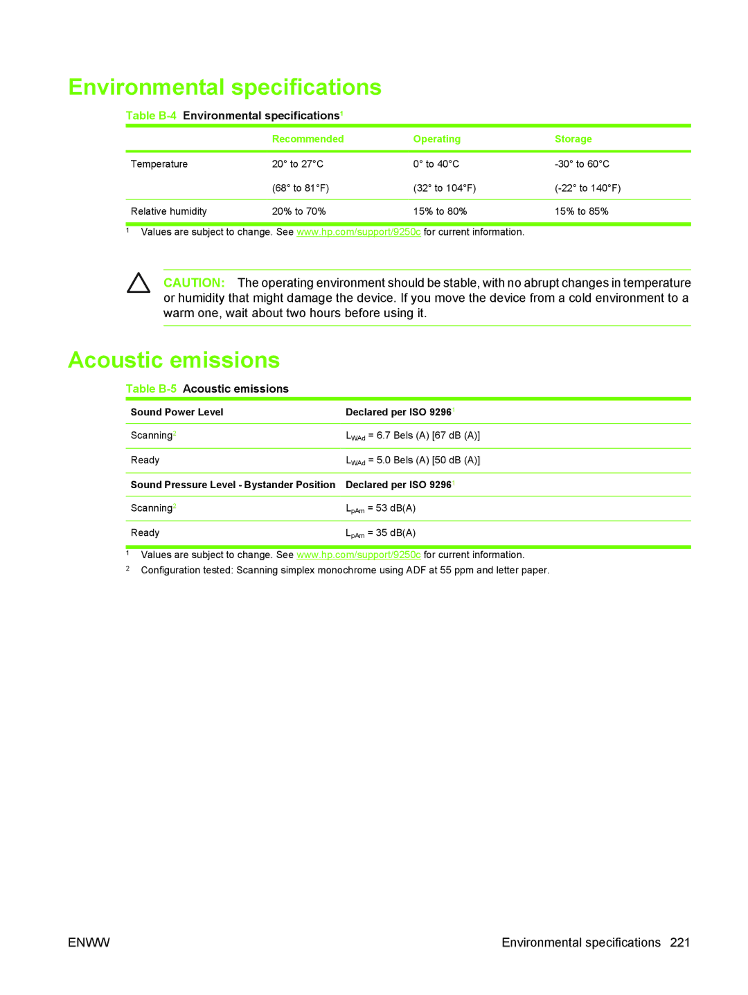 HP 9250C manual Table B-4Environmental specifications1, Table B-5Acoustic emissions 