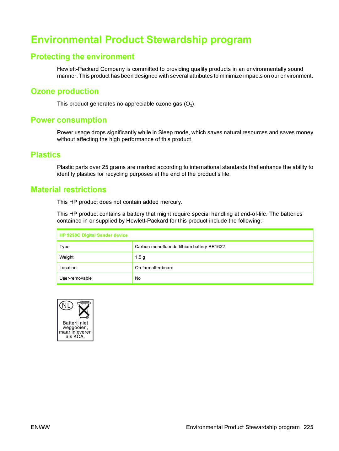 HP 9250C manual Environmental Product Stewardship program 