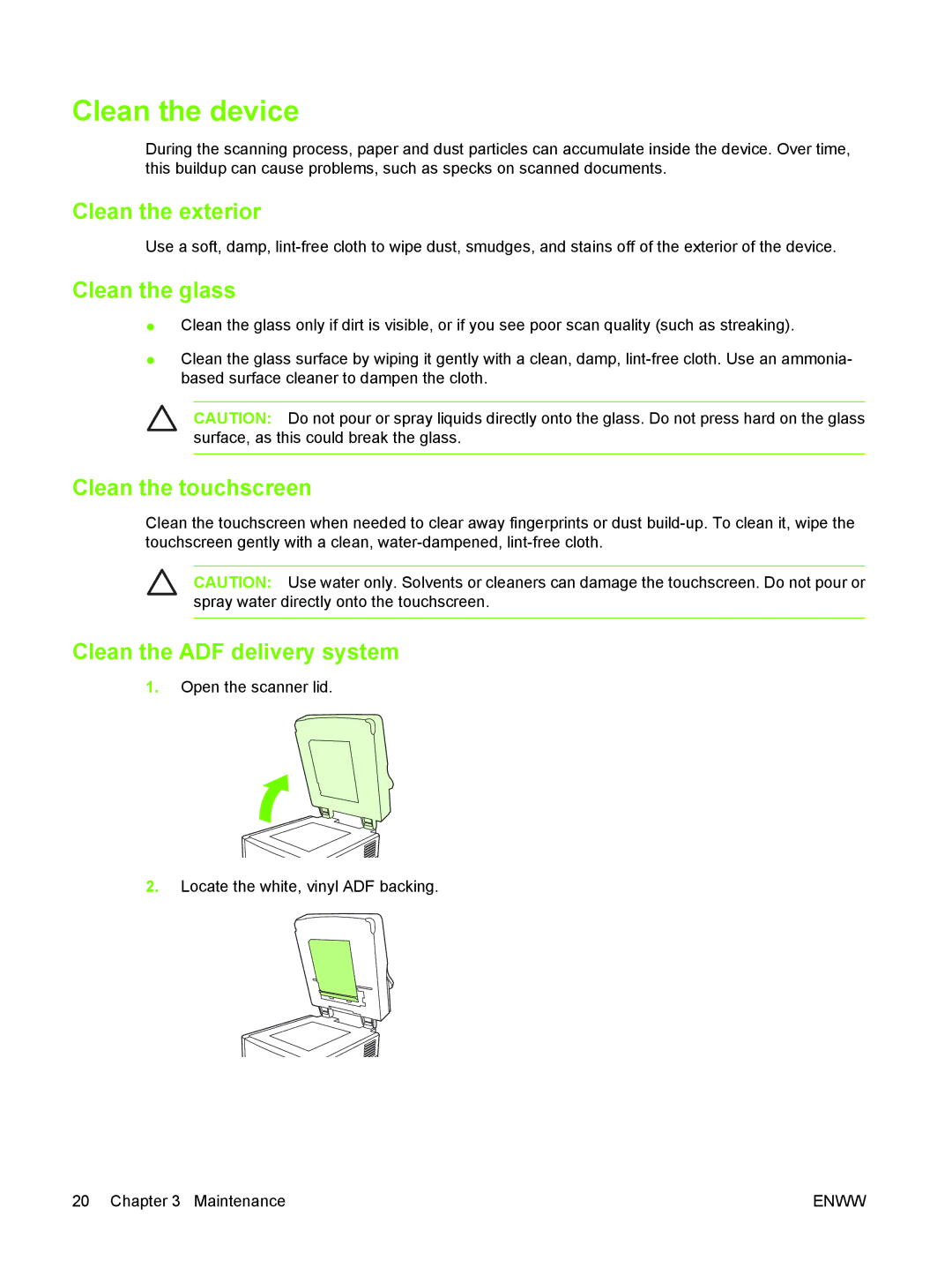 HP 9250C manual Clean the device, Clean the exterior, Clean the glass, Clean the touchscreen, Clean the ADF delivery system 