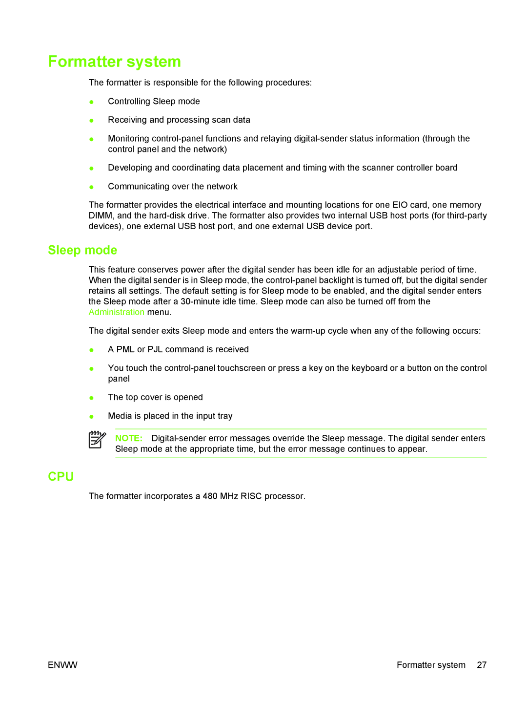 HP 9250C manual Formatter system, Sleep mode 