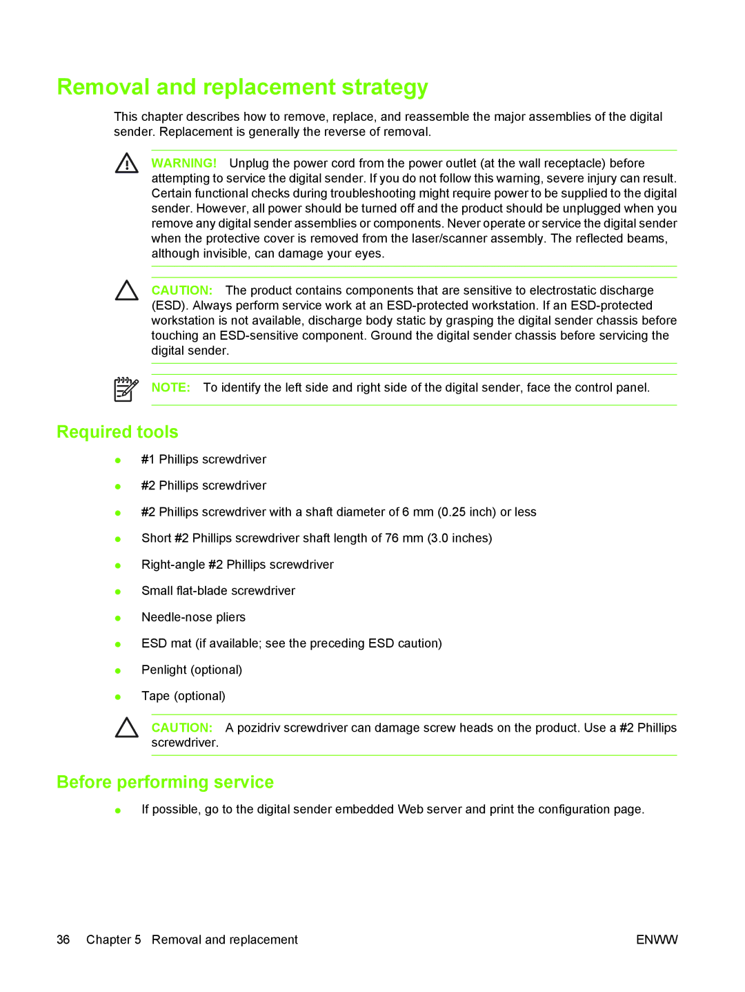 HP 9250C manual Removal and replacement strategy, Required tools, Before performing service 