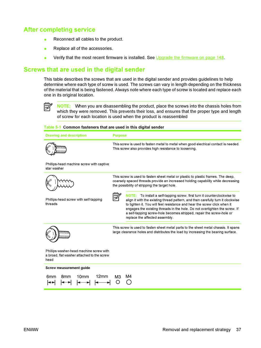 HP 9250C manual After completing service, Screws that are used in the digital sender 