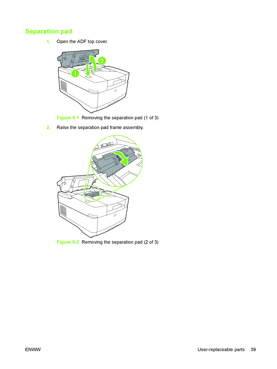 HP 9250C manual Separation pad, 2Removing the separation pad 2 