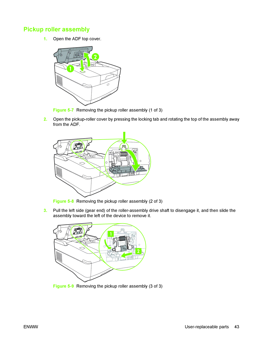 HP 9250C manual Pickup roller assembly, 9Removing the pickup roller assembly 3 