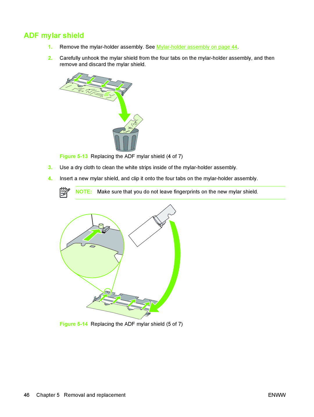 HP 9250C manual 14Replacing the ADF mylar shield 5 Removal and replacement 