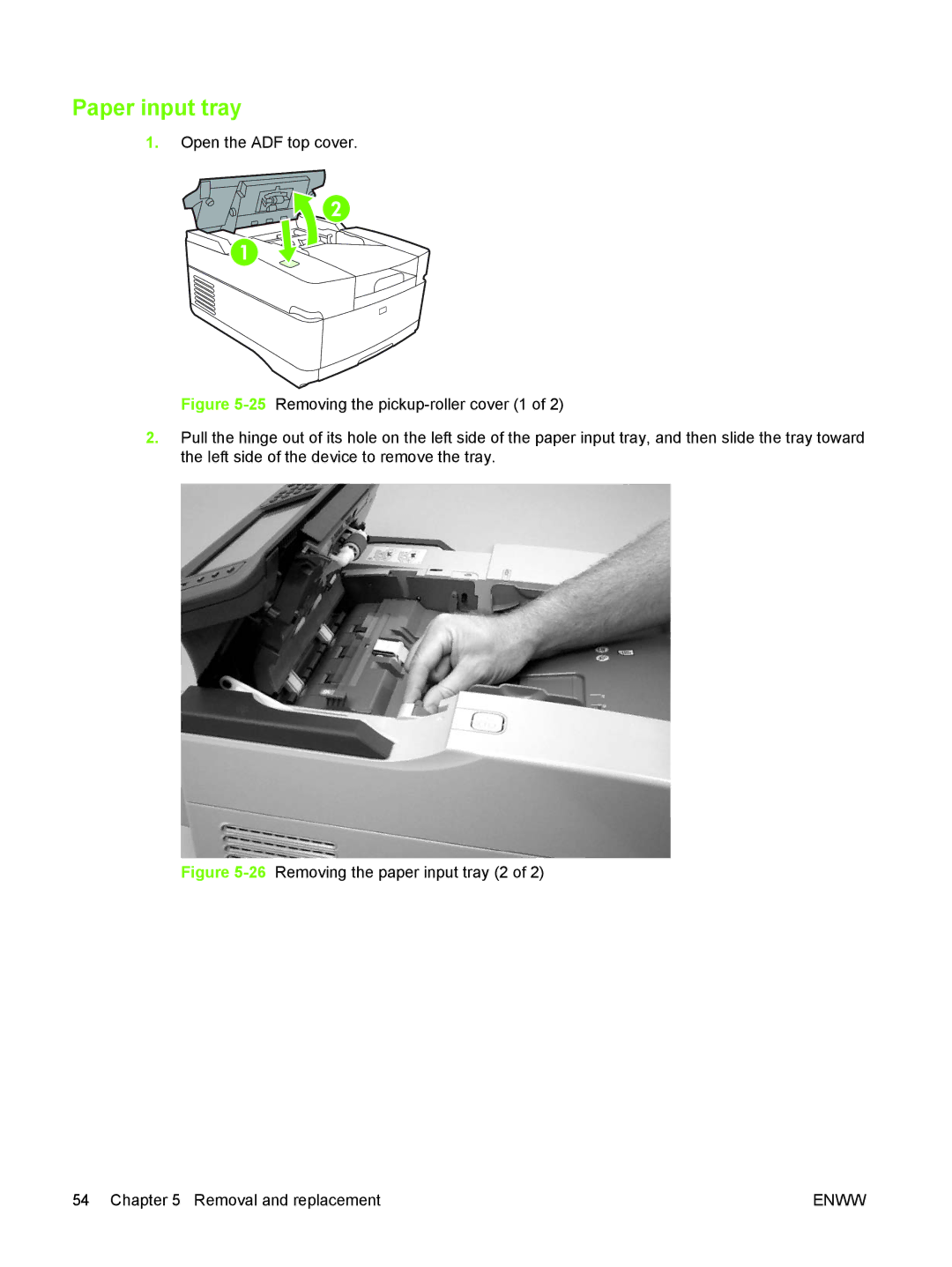 HP 9250C manual Paper input tray, 26Removing the paper input tray 2 Removal and replacement 