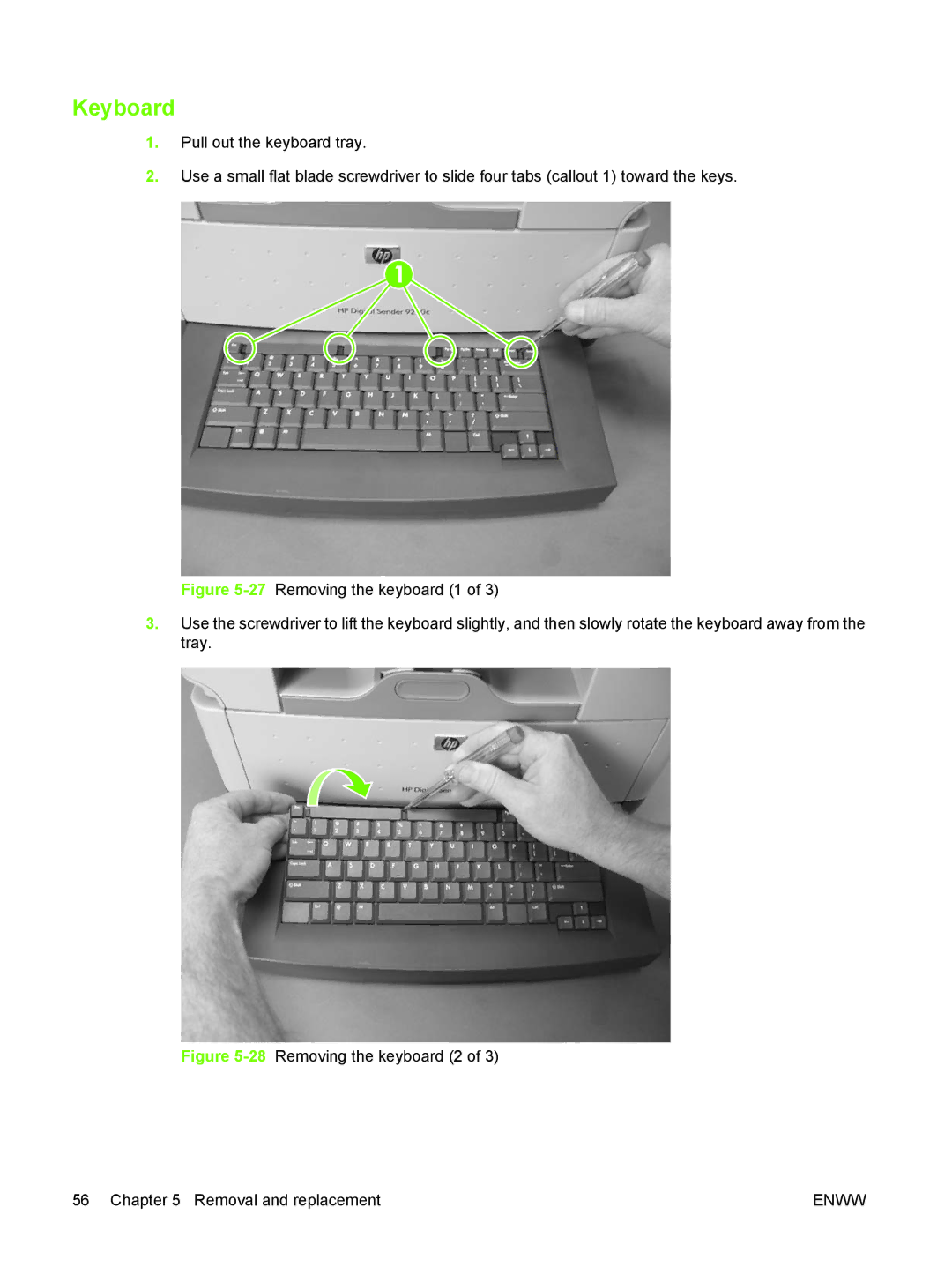 HP 9250C manual 28Removing the keyboard 2 Removal and replacement 