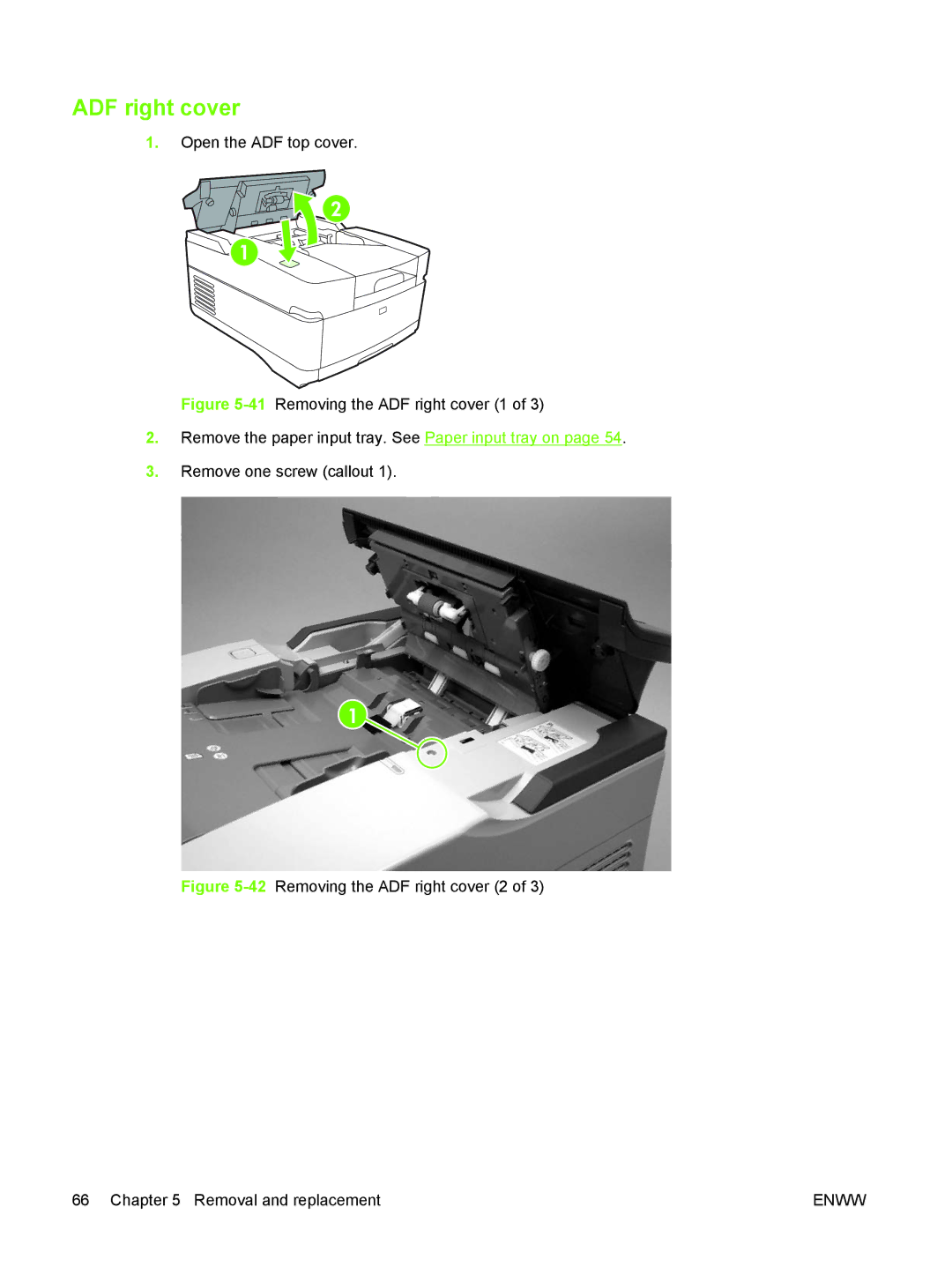 HP 9250C manual 42Removing the ADF right cover 2 Removal and replacement 